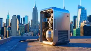 Illustration de la machine d'Aircela produisant de l'essence à partir de l'air ambiant. Image réalisée par IA.