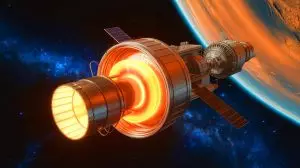 Illustration de la propulsion nucléaire thermique avec uranium liquide en rotation pour l'exploration spatiale. Image réalisée par IA.