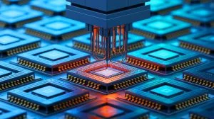 Illustration de l'intégration de transistors en nitrure de gallium sur des puces CMOS en silicium. Image réalisée par IA.