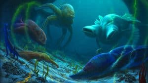Illustration de créatures géantes vivant dans la croûte océanique à 2 500 mètres de profondeur. Image réalisée par IA.