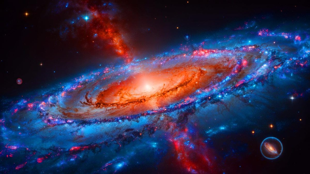 Illustration de la galaxie MoM-z14, la plus lointaine jamais observée. Image réalisée par IA.