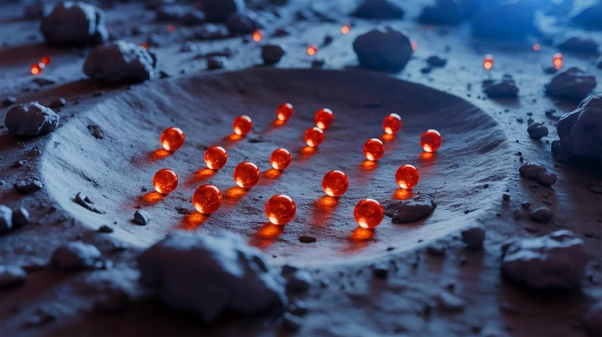 Illustration de mystérieuses perles de verre orange découvertes sur la Lune. Image réalisée par IA.