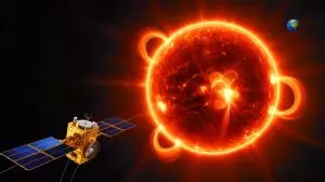 Illustration de la première observation du pôle sud du soleil par la mission Solar Orbiter. Image réalisée par IA.