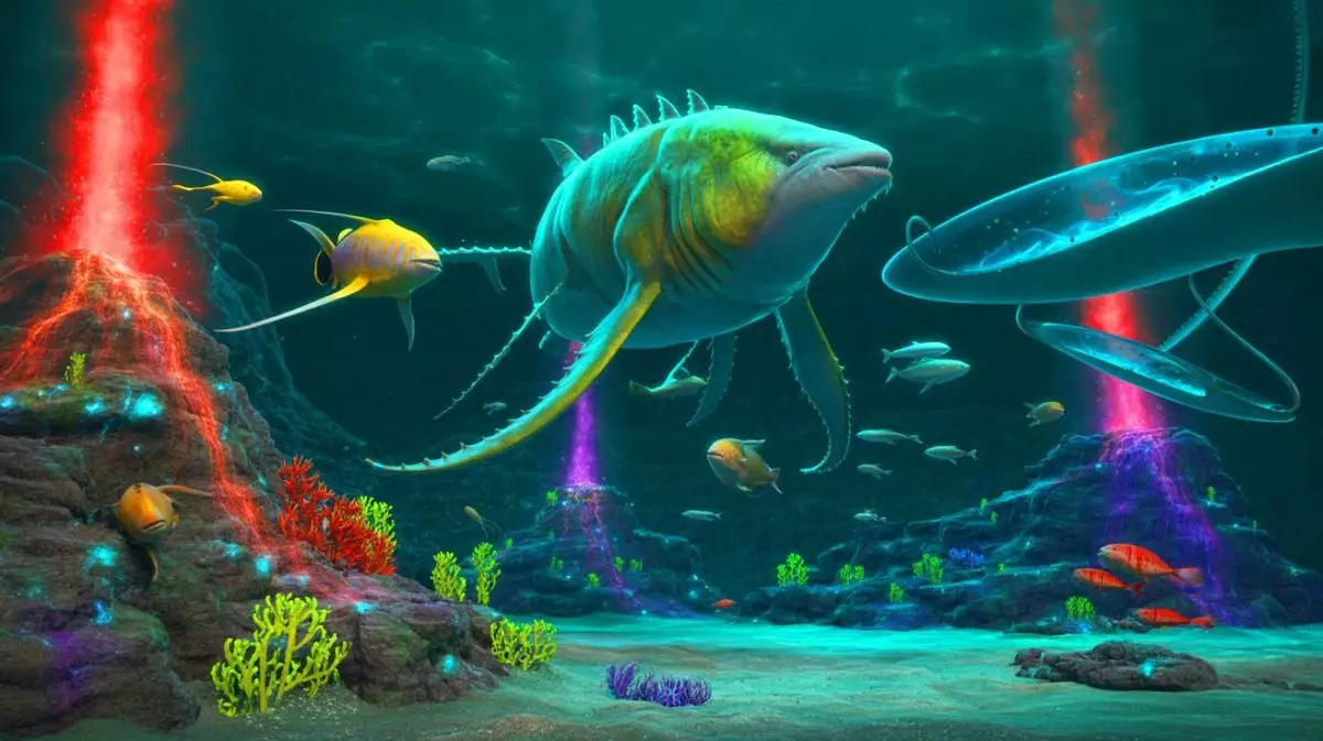Illustration de créatures géantes découvertes dans les profondeurs de la croûte océanique. Image réalisée par IA.