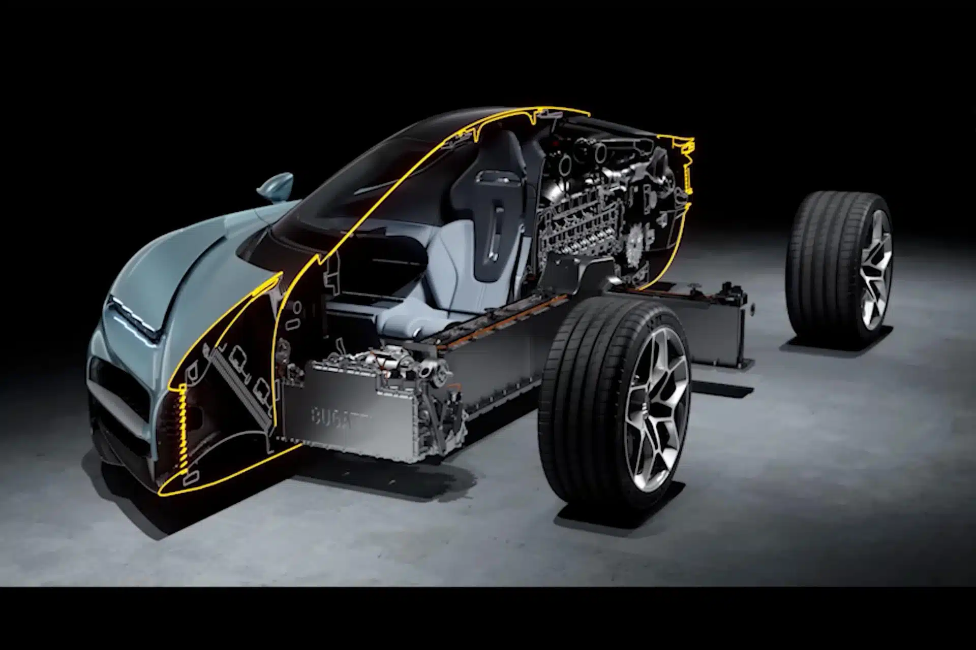 Vue en coupe du Bugatti Tourbillon mettant en évidence la batterie en forme de T et les moteurs électriques à l'avant.