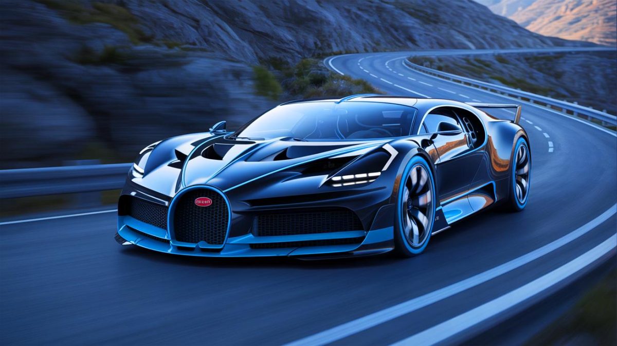 Illustration de la Bugatti Tourbillon en action sur une route sinueuse, mettant en avant son moteur hybride innovant. Image réalisée par IA.