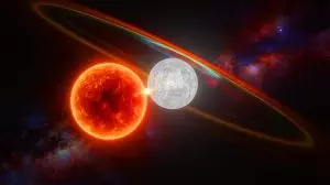 Illustration de la naine rouge et de la naine blanche en orbite rapprochée dans le système ILT J1101. Image réalisée par IA.