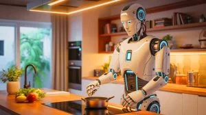 Illustration de NEO, le robot humanoïde équipé du modèle d'intelligence artificielle Redwood, accomplissant des tâches ménagères. Image réalisée par IA.