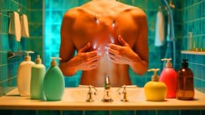 Illustration de l'impact des produits de bain sur l'attractivité des moustiques. Image réalisée par IA.