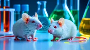 Illustration de l'association de la rapamycine et du trametinib pour prolonger la vie des souris. Image réalisée par IA.