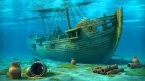Illustration de la découverte d'une épave du XVIe siècle par un drone sous-marin de la marine française. Image réalisée par IA.