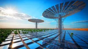 Illustration de la centrale solaire thermodynamique de Guazhou en Chine, active jour et nuit grâce à la technologie du sel fondu. Image réalisée par IA.