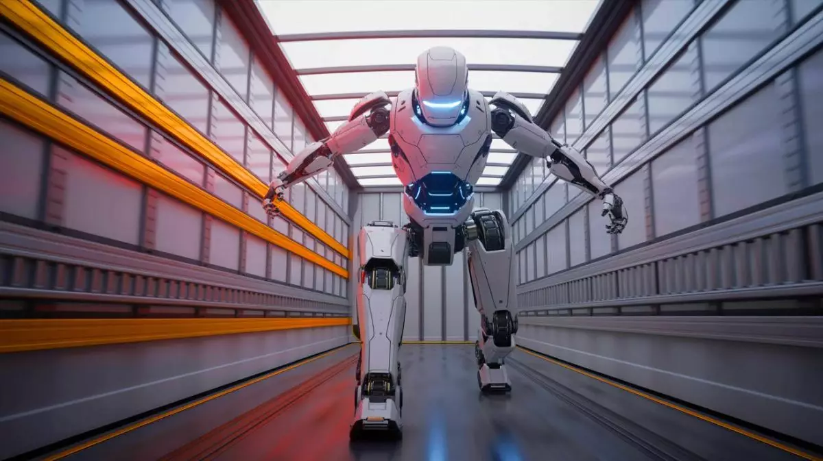 Illustration de Tron 1, le robot bipède de LimX Dynamics, démontrant son équilibre dans un camion en mouvement. Image réalisée par IA.