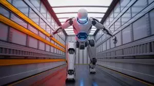 Illustration de Tron 1, le robot bipède de LimX Dynamics, démontrant son équilibre dans un camion en mouvement. Image réalisée par IA.