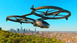 Illustration de la Skyrider X6, une moto volante hybride. Image réalisée par IA.
