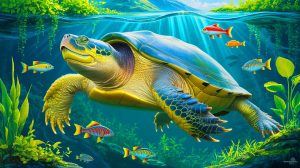 Illustration de la tortue géante à carapace molle du Fleuve Bleu, symbole de la lutte pour la biodiversité en Chine. Image réalisée par IA.
