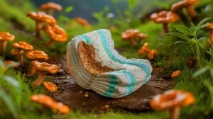 Illustration de couches biodégradables utilisant des champignons pour réduire les déchets plastiques. Image réalisée par IA.