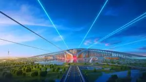 Illustration de la construction d'un centre de recherche chinois sur la fusion par laser. Image réalisée par IA.
