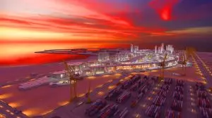 Illustration de la construction avancée du complexe industriel flottant Oxagon à Neom. Image réalisée par IA.