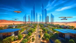 Illustration de la mégapole futuriste NEOM et ses défis environnementaux. Image réalisée par IA.