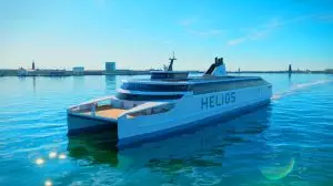 Illustration de la plus grande innovation maritime avec le ferry électrique Helios reliant Helsinki à Tallinn. Image réalisée par IA.