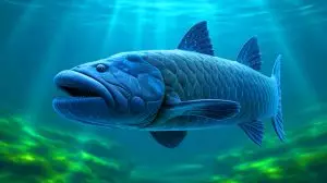 Illustration de la redécouverte du cœlacanthe, un poisson préhistorique, survivant des extinctions massives. Image réalisée par IA.