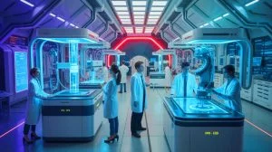 Illustration de l'idée de vélocité d'évasion de la longévité et des avancées technologiques en médecine. Image réalisée par IA.