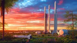 Illustration de la ville de Starbase, projet ambitieux d'Elon Musk autour de l'exploration spatiale et ses impacts environnementaux. Image réalisée par IA.