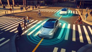 Illustration de systèmes d'alerte sonore pour véhicules électriques en milieu urbain. Image réalisée par IA.