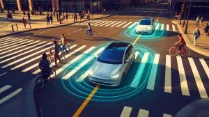 Illustration de systèmes d'alerte sonore pour véhicules électriques en milieu urbain. Image réalisée par IA.