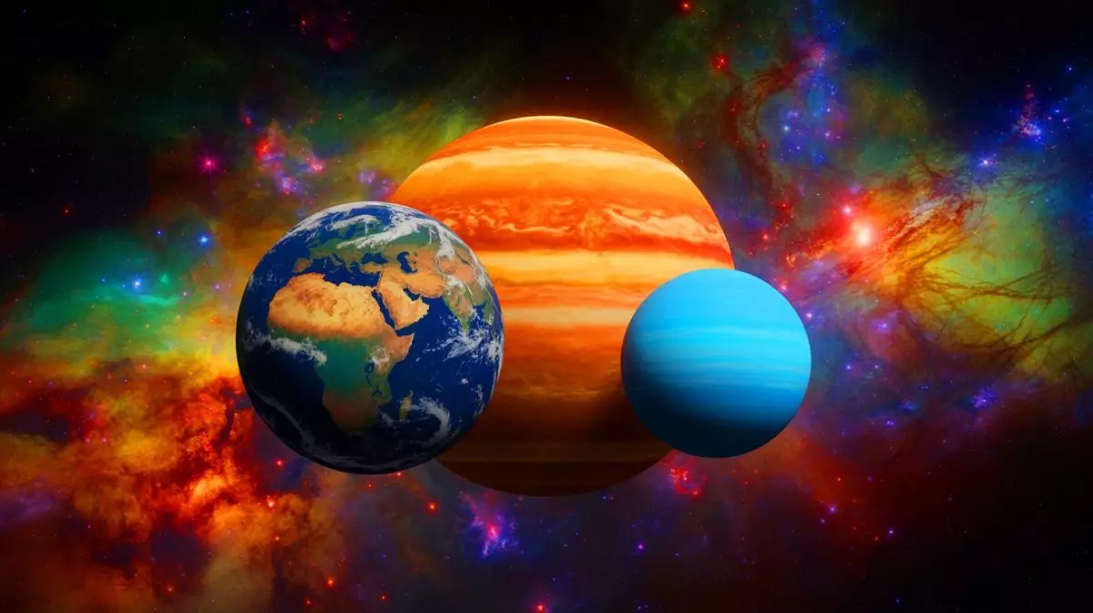 Illustration de la comparaison approximative de la taille de la Terre, d'une super-Terre et d'une géante gazeuse de la taille de Neptune. Image réalisée par IA.