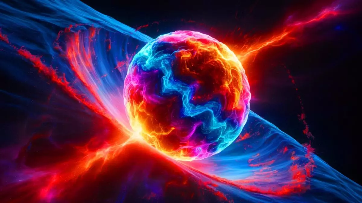 Illustration de l'interaction dans le plasma quark-gluon primordial. Image réalisée par IA.