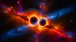 Illustration de trous noirs de masse intermédiaire fusionnant dans l'univers. Image réalisée par IA.