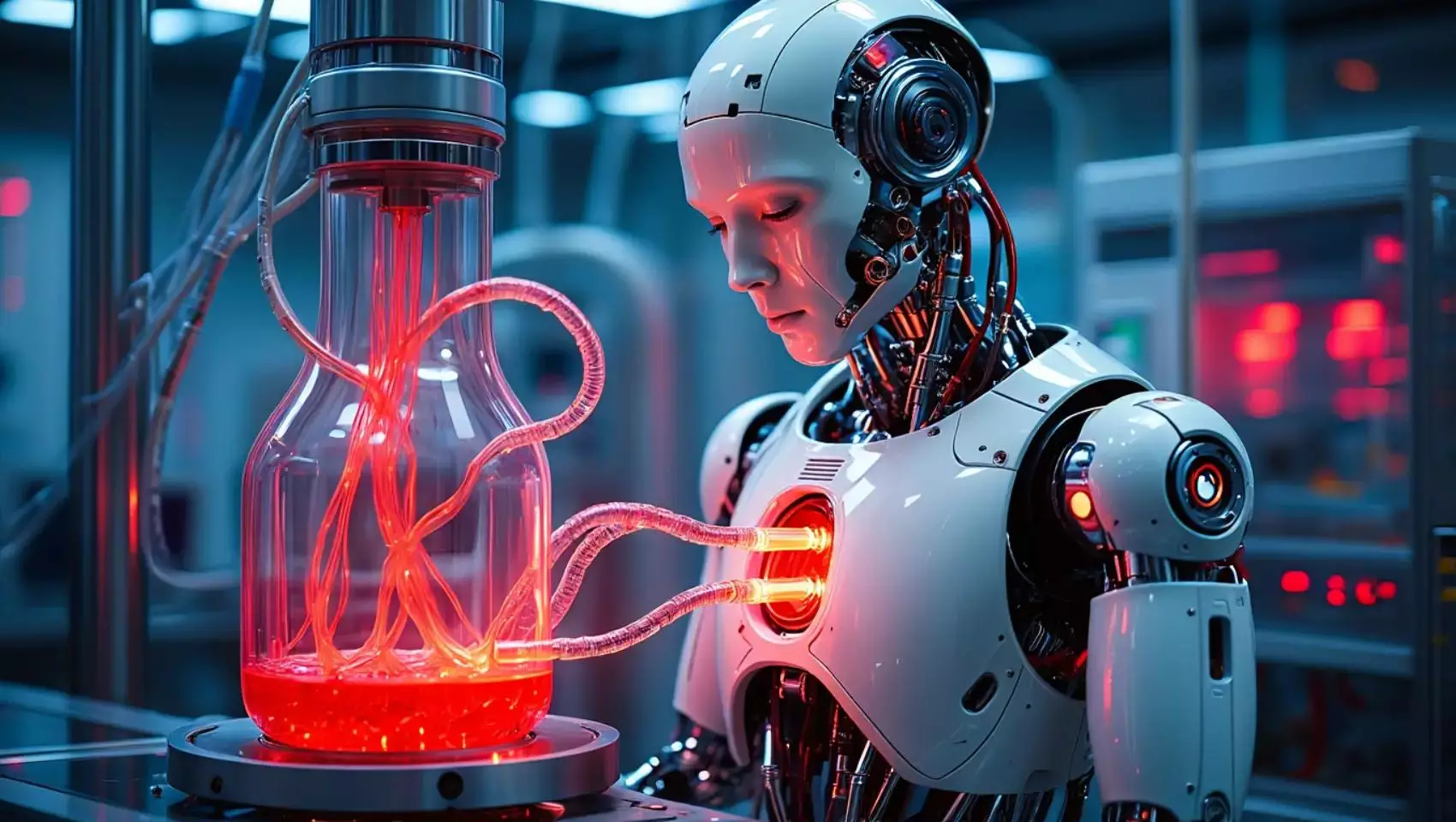 Robot avant-gardiste lié à une capsule de sang synthétique rouge, illustrant une idée novatrice d'alimentation énergétique inspirée de la nature.