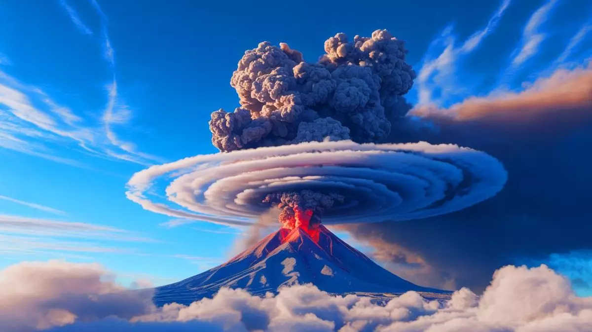 Illustration de l'interaction entre éruptions volcaniques et formation de nuages cirrus. Image réalisée par IA.
