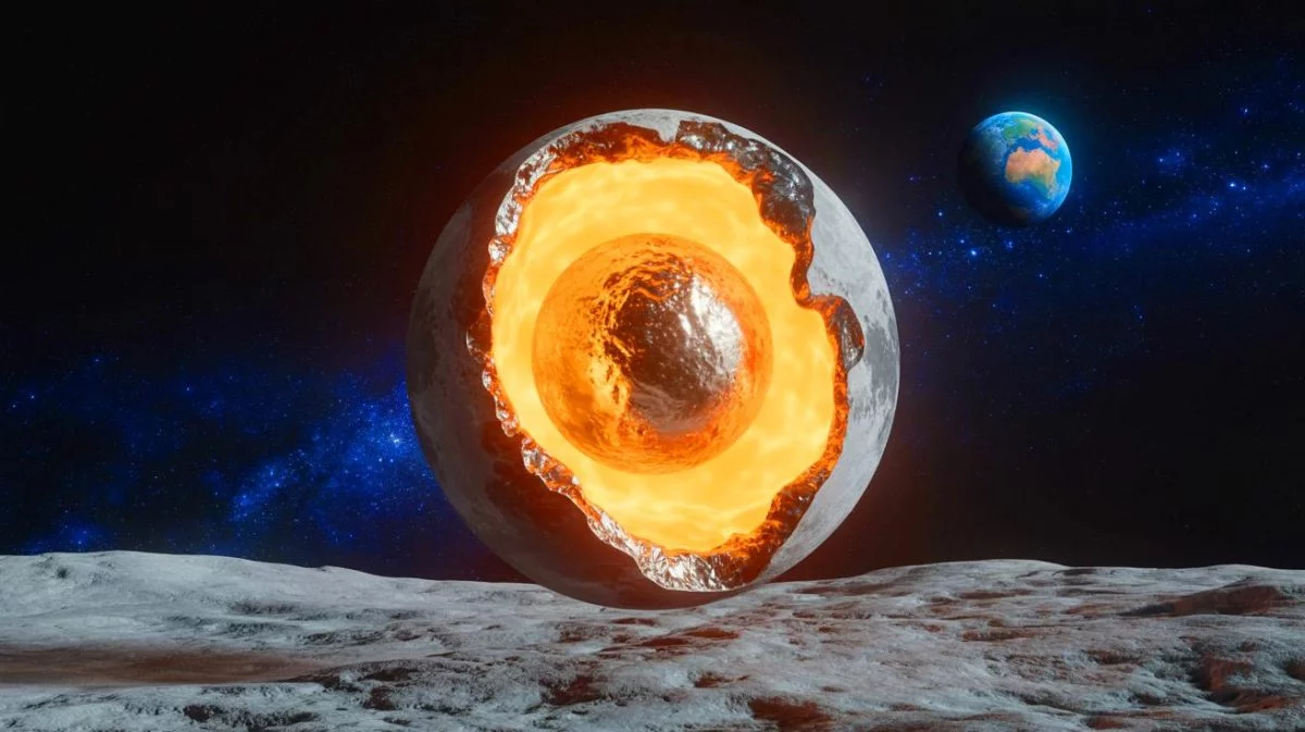 Illustration de la structure interne de la Lune avec un noyau solide. Image réalisée par IA.