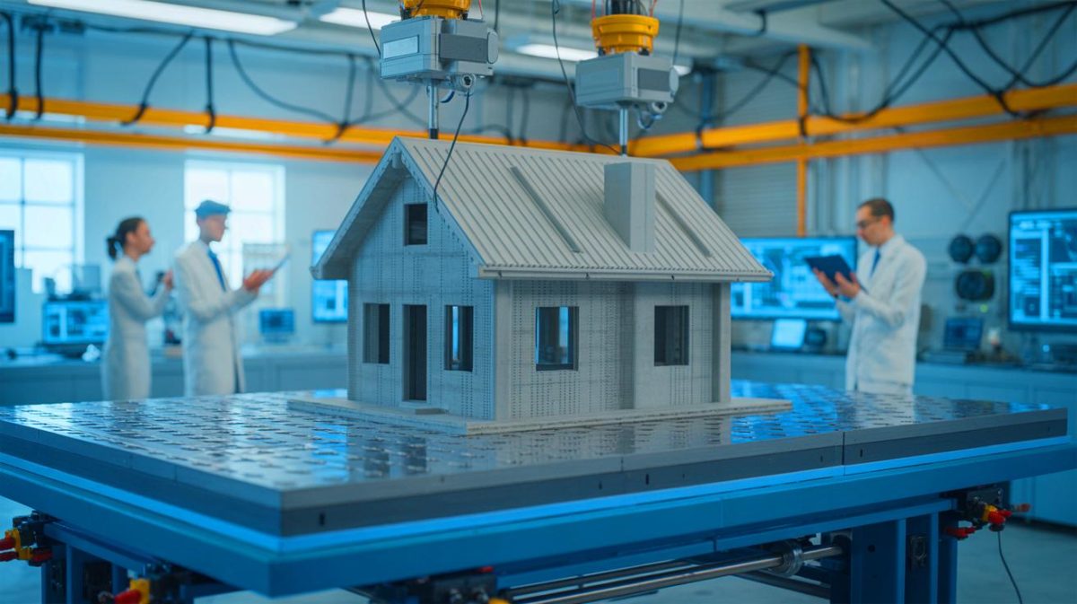 Illustration de la résistance sismique des maisons imprimées en 3D testée par l'Université de Bristol. Image réalisée par IA.