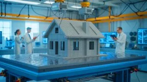 Illustration de la résistance sismique des maisons imprimées en 3D testée par l'Université de Bristol. Image réalisée par IA.