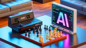 Illustration de la confrontation entre un Atari 2600 et ChatGPT lors d'une partie d'échecs. Image réalisée par IA.
