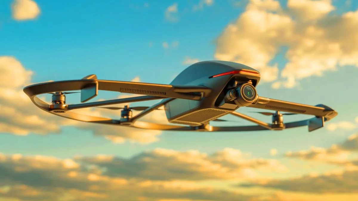 Illustration de la construction d'un drone VTOL fonctionnel à partir de composants imprimés en 3D. Image réalisée par IA.