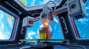 Illustration de l'impression 3D métallique en microgravité à bord de l'ISS. Image réalisée par IA.