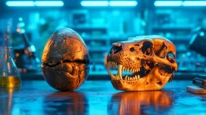 Illustration de l'œuf de dinosaure Hadrosaure et du crâne de Grand Castor étudiés par CT scan. Image réalisée par IA.