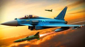 Illustration de l'Eurofighter Typhoon équipé du système d'intelligence artificielle Rattlesnaq. Image réalisée par IA.