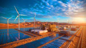 Illustration de la méga-usine d'hydrogène vert de NEOM en Arabie saoudite. Image réalisée par IA.