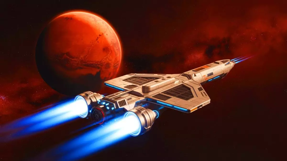 Illustration de la propulsion spatiale avec un moteur à plasma vers Mars. Image réalisée par IA.