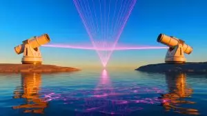 Illustration de la communication quantique à travers l'espace libre avec des photons intriqués. Image réalisée par IA.