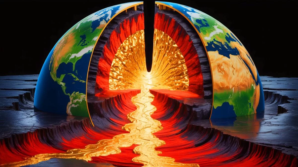 Illustration de la migration de métaux précieux depuis le noyau terrestre vers la surface. Image réalisée par IA.