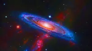 Illustration de la galaxie Andromeda XXXV, la plus petite galaxie jamais observée. Image réalisée par IA.