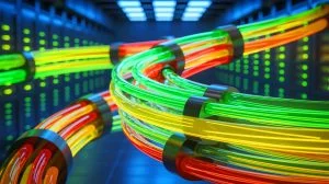 Illustration de la fibre optique atteignant un débit record de 1,02 pétabit par seconde. Image réalisée par IA.