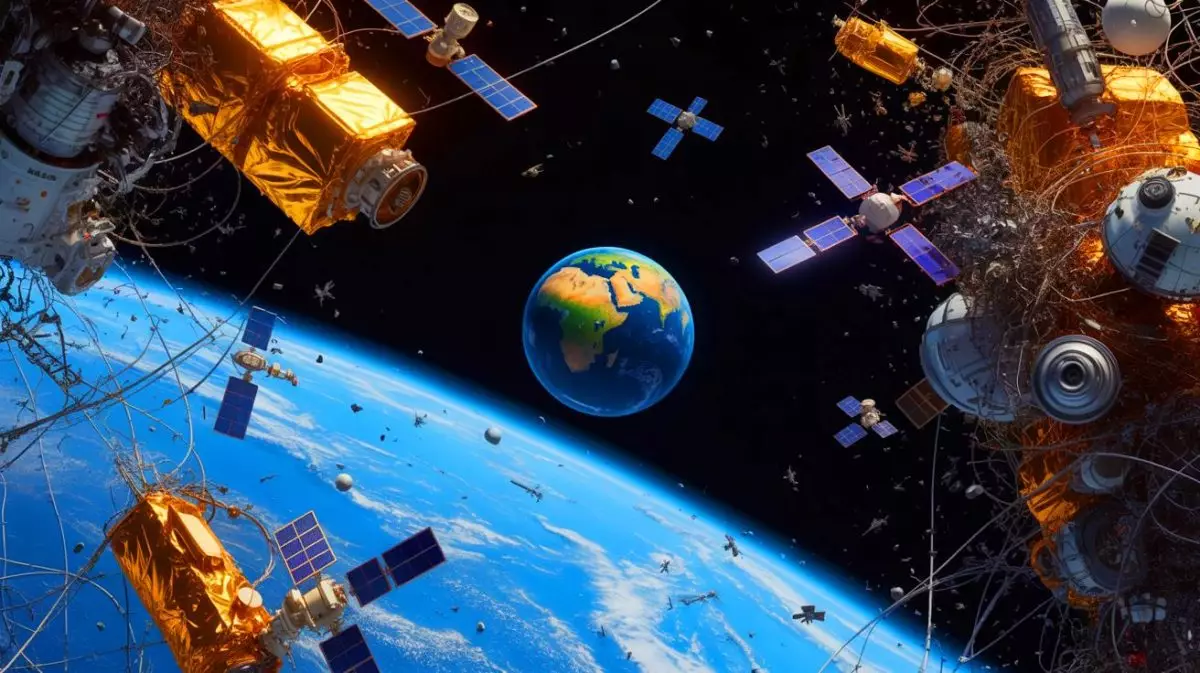 Illustration de l'impact des émissions de gaz à effet de serre sur l'espace et la gestion des débris spatiaux. Image réalisée par IA.